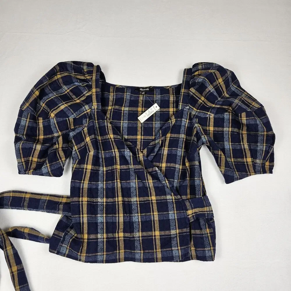 Madewell Sweetheart Wrap Top Plaid Tartan Puff Sleeve Blouse Cotton NG875 XS NWT